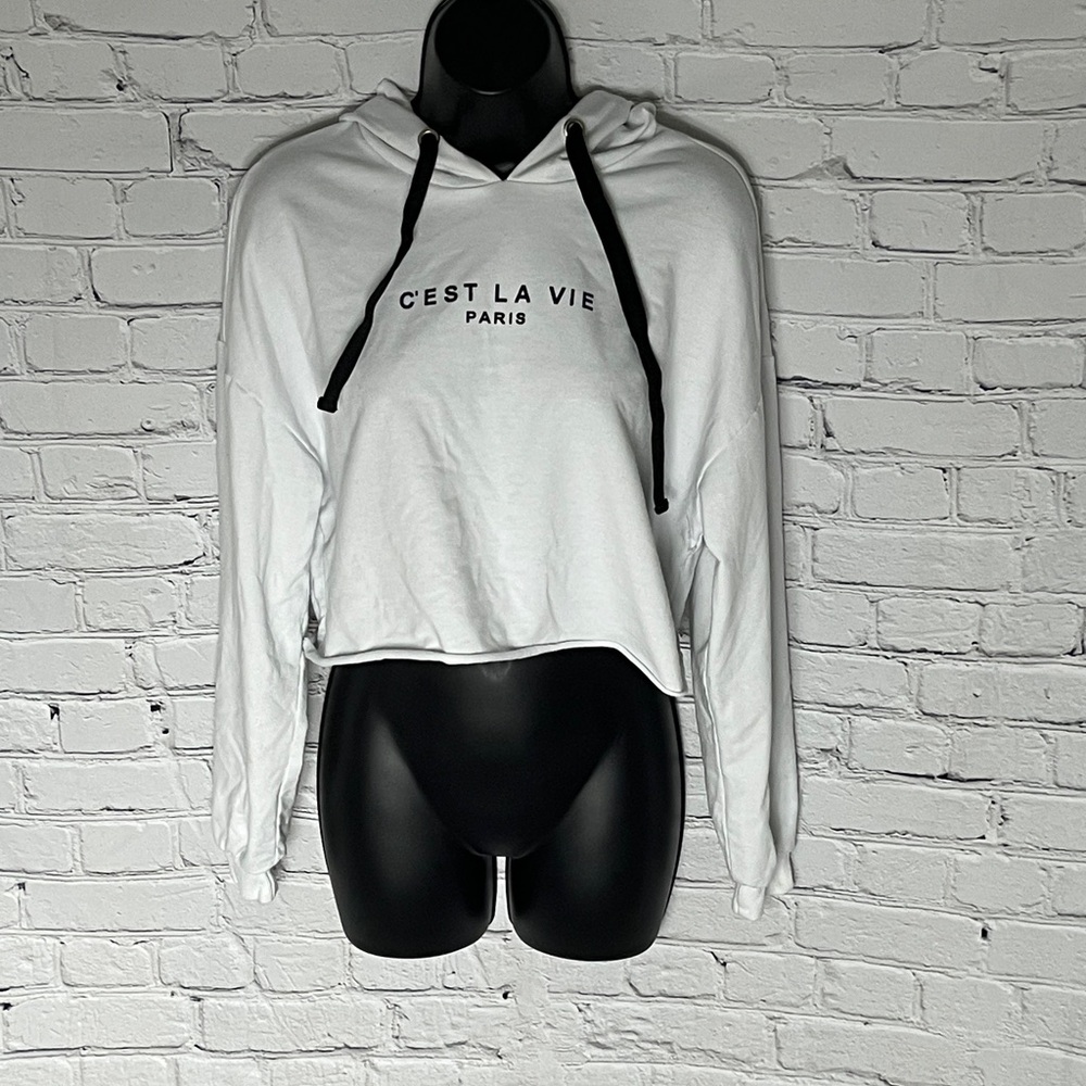 SHEIN White Cropped Hoodie with Black Accents
